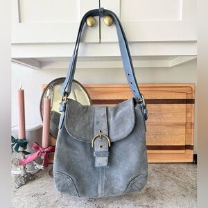 Coach Suede Shoulder Bag| Blue Gray|Leather Trim| Brass Buckle| Y2K Vintage